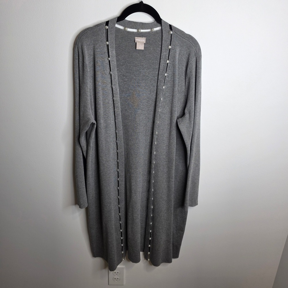 Chico's Cardigan Womens 2 (12) Gray Pearl Embellished Open Front Longline
